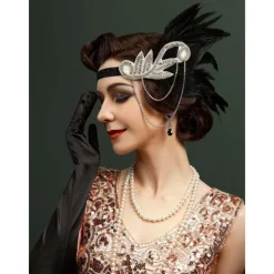 1920s Flapper Headband Feather Accessories Set for Women 4 PCS Roaring 20s Great Gatsby Faux Pearl Necklace Gloves Earrings Masquerade Halloween Carnival