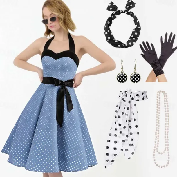 1950s Grease Outfits Vintage Inspired A Line Dress Swing Dress Accesories Set Flare Dress Women's Costume Vintage Cosplay Date Party & Evening Festival A-Line Silk Scarf