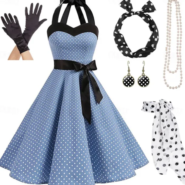1950s Grease Outfits Vintage Inspired A Line Dress Swing Dress Accesories Set Flare Dress Women's Costume Vintage Cosplay Date Party & Evening Festival A-Line Silk Scarf