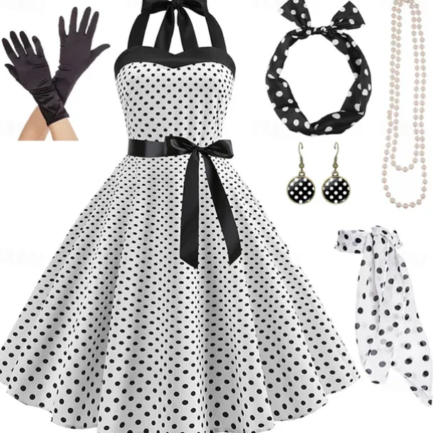1950s Grease Outfits Vintage Inspired A Line Dress Swing Dress Accesories Set Flare Dress Women's Costume Vintage Cosplay Date Party & Evening Festival A-Line Silk Scarf