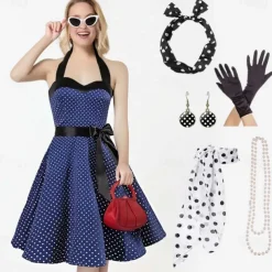 1950s Grease Outfits Vintage Inspired A Line Dress Swing Dress Accesories Set Flare Dress Women's Costume Vintage Cosplay Date Party & Evening Festival A-Line Silk Scarf