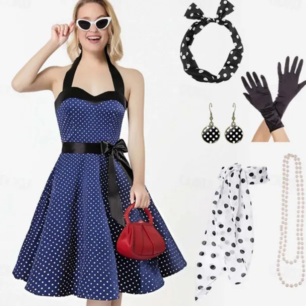 1950s Grease Outfits Vintage Inspired A Line Dress Swing Dress Accesories Set Flare Dress Women's Costume Vintage Cosplay Date Party & Evening Festival A-Line Silk Scarf