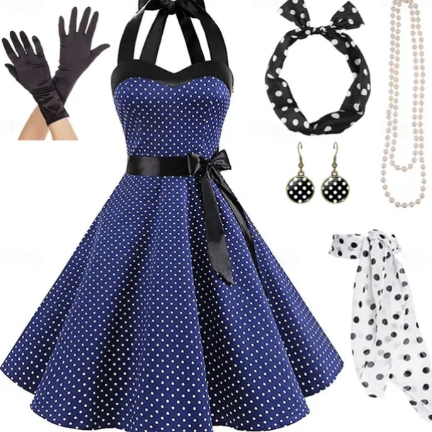 1950s Grease Outfits Vintage Inspired A Line Dress Swing Dress Accesories Set Flare Dress Women's Costume Vintage Cosplay Date Party & Evening Festival A-Line Silk Scarf