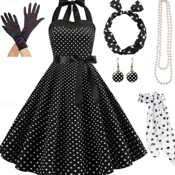 1950s Grease Outfits Vintage Inspired A Line Dress Swing Dress Accesories Set Flare Dress Women's Costume Vintage Cosplay Date Party & Evening Festival A-Line Silk Scarf