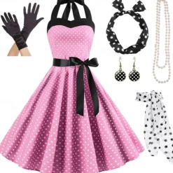 1950s Grease Outfits Vintage Inspired A Line Dress Swing Dress Accesories Set Flare Dress Women's Costume Vintage Cosplay Date Party & Evening Festival A-Line Silk Scarf