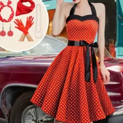 1950s Grease Outfits Vintage Inspired A Line Dress Swing Dress Accesories Set Flare Dress Women's Costume Vintage Cosplay Date Party & Evening Festival A-Line Silk Scarf