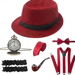 1920s Men's Costume Accessories Set Gangster Manhattan Hat Pre Tied Bow Tie Pocket Watch Y-Back Suspender Armband Garte For Theme Party 7 Pcs