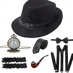 1920s Men's Costume Accessories Set Gangster Manhattan Hat Pre Tied Bow Tie Pocket Watch Y-Back Suspender Armband Garte For Theme Party 7 Pcs