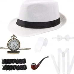 1920s Men's Costume Accessories Set Gangster Manhattan Hat Pre Tied Bow Tie Pocket Watch Y-Back Suspender Armband Garte For Theme Party 7 Pcs