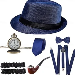 1920s Men's Costume Accessories Set Gangster Manhattan Hat Pre Tied Bow Tie Pocket Watch Y-Back Suspender Armband Garte For Theme Party 7 Pcs