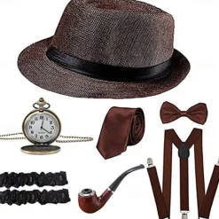 1920s Men's Costume Accessories Set Gangster Manhattan Hat Pre Tied Bow Tie Pocket Watch Y-Back Suspender Armband Garte For Theme Party 7 Pcs