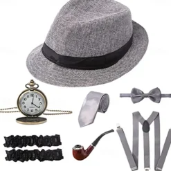 1920s Men's Costume Accessories Set Gangster Manhattan Hat Pre Tied Bow Tie Pocket Watch Y-Back Suspender Armband Garte For Theme Party 7 Pcs