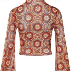 1970s Outfits for Women Bell Sleeve Tops Disco Outfit Floral Mock Neck Mesh Top