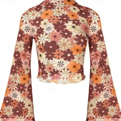 1970s Outfits for Women Bell Sleeve Tops Disco Outfit Floral Mock Neck Mesh Top
