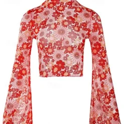 1970s Outfits for Women Bell Sleeve Tops Disco Outfit Floral Mock Neck Mesh Top