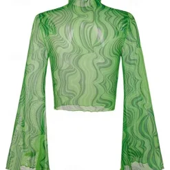 1970s Outfits for Women Bell Sleeve Tops Disco Outfit Floral Mock Neck Mesh Top