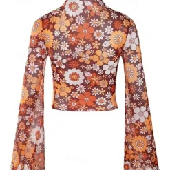 1970s Outfits for Women Bell Sleeve Tops Disco Outfit Floral Mock Neck Mesh Top