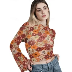 1970s Outfits for Women Bell Sleeve Tops Disco Outfit Floral Mock Neck Mesh Top