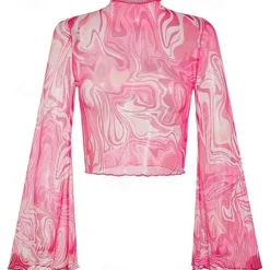 1970s Outfits for Women Bell Sleeve Tops Disco Outfit Floral Mock Neck Mesh Top