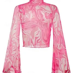 1970s Outfits for Women Bell Sleeve Tops Disco Outfit Floral Mock Neck Mesh Top