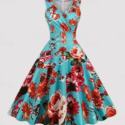 1950s Vintage Inspired Cocktail Dress Midi Dress Cocktail Dress Prom Dress Sleeveless Flounced Floral Print Vintage Printing Princess V Neck Fancy Dress Women's Masquerade Party Wedding Party Tea