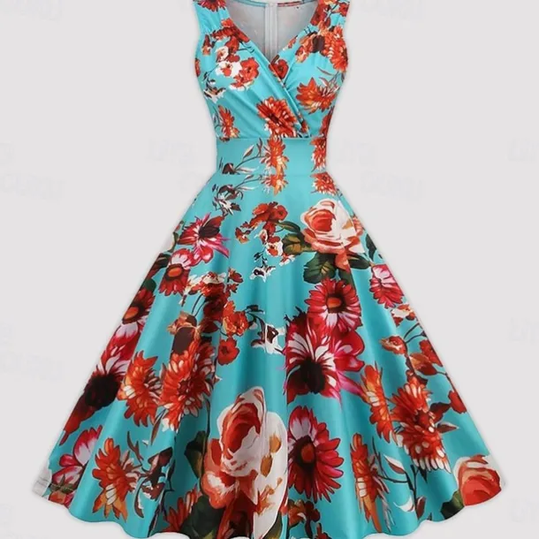 1950s Vintage Inspired Cocktail Dress Midi Dress Cocktail Dress Prom Dress Sleeveless Flounced Floral Print Vintage Printing Princess V Neck Fancy Dress Women's Masquerade Party Wedding Party Tea