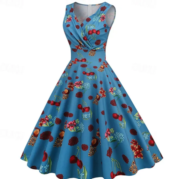 1950s Vintage Inspired Cocktail Dress Midi Dress Cocktail Dress Prom Dress Sleeveless Flounced Floral Print Vintage Printing Princess V Neck Fancy Dress Women's Masquerade Party Wedding Party Tea