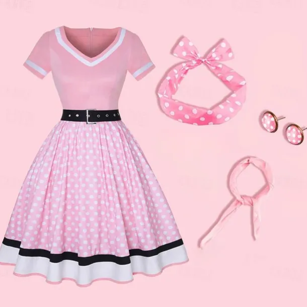 1950s Vintage Inspired Grease Outfits Flare Dress Fancy Dress Women's Date Party & Evening Bachelorette Party Silk Scarf Dress Earrings All Seasons