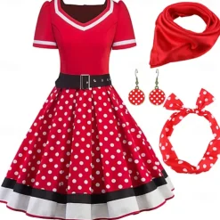 1950s Vintage Inspired Grease Outfits Flare Dress Fancy Dress Women's Date Party & Evening Bachelorette Party Silk Scarf Dress Earrings All Seasons