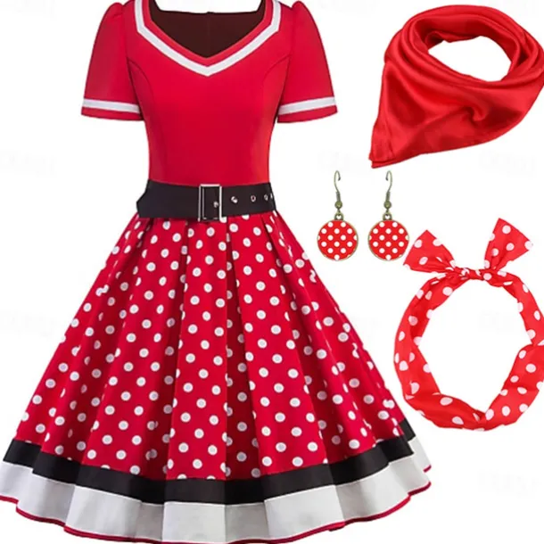 1950s Vintage Inspired Grease Outfits Flare Dress Fancy Dress Women's Date Party & Evening Bachelorette Party Silk Scarf Dress Earrings All Seasons
