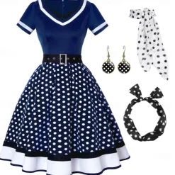 1950s Vintage Inspired Grease Outfits Flare Dress Fancy Dress Women's Date Party & Evening Bachelorette Party Silk Scarf Dress Earrings All Seasons
