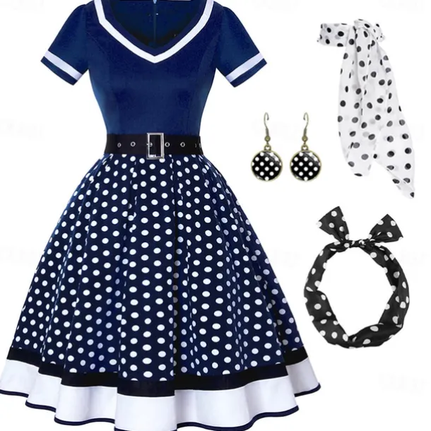 1950s Vintage Inspired Grease Outfits Flare Dress Fancy Dress Women's Date Party & Evening Bachelorette Party Silk Scarf Dress Earrings All Seasons