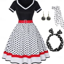 1950s Vintage Inspired Grease Outfits Flare Dress Fancy Dress Women's Date Party & Evening Bachelorette Party Silk Scarf Dress Earrings All Seasons