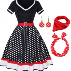 1950s Vintage Inspired Grease Outfits Flare Dress Fancy Dress Women's Date Party & Evening Bachelorette Party Silk Scarf Dress Earrings All Seasons