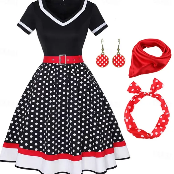 1950s Vintage Inspired Grease Outfits Flare Dress Fancy Dress Women's Date Party & Evening Bachelorette Party Silk Scarf Dress Earrings All Seasons