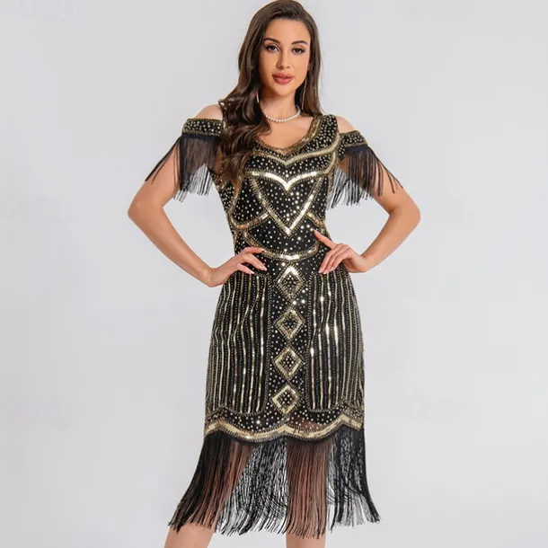 1920s Vintage Inspired Short Length Flapper Dress Party Costume The Great Gatsby Wedding Guest Sequins Sequin Tassel V Neck Fancy Dress Women's Christmas Halloween New Year Casual Daily Party