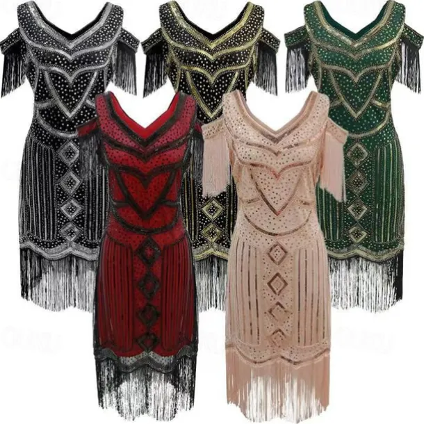 1920s Vintage Inspired Short Length Flapper Dress Party Costume The Great Gatsby Wedding Guest Sequins Sequin Tassel V Neck Fancy Dress Women's Christmas Halloween New Year Casual Daily Party
