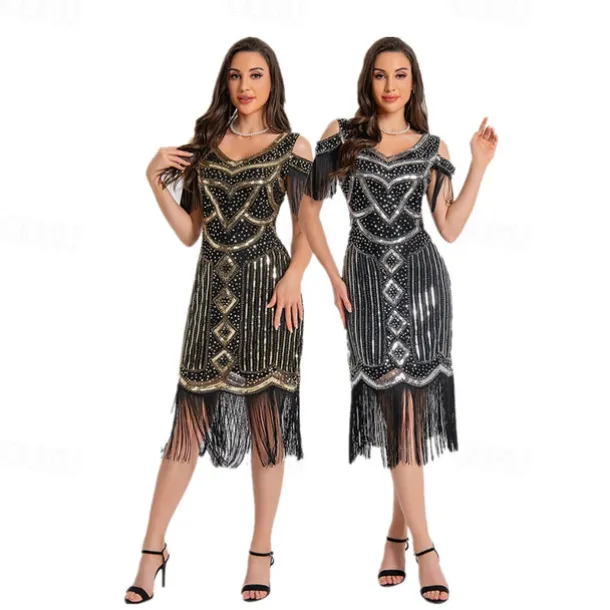 1920s Vintage Inspired Short Length Flapper Dress Party Costume The Great Gatsby Wedding Guest Sequins Sequin Tassel V Neck Fancy Dress Women's Christmas Halloween New Year Casual Daily Party