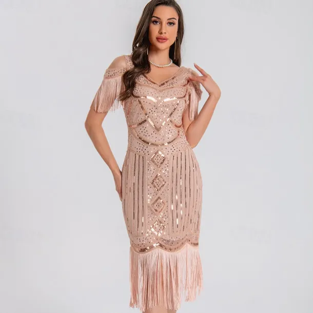 1920s Vintage Inspired Short Length Flapper Dress Party Costume The Great Gatsby Wedding Guest Sequins Sequin Tassel V Neck Fancy Dress Women's Christmas Halloween New Year Casual Daily Party