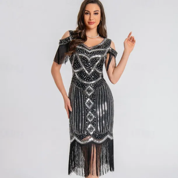 1920s Vintage Inspired Short Length Flapper Dress Party Costume The Great Gatsby Wedding Guest Sequins Sequin Tassel V Neck Fancy Dress Women's Christmas Halloween New Year Casual Daily Party