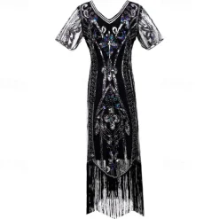 1920s Vintage Inspired The Great Gatsby Short Length Masquerade Illusion Sleeve The Great Gatsby Wedding Guest Sequins Sequin V Neck Fancy Dress Women's Carnival Masquerade Casual Daily Party