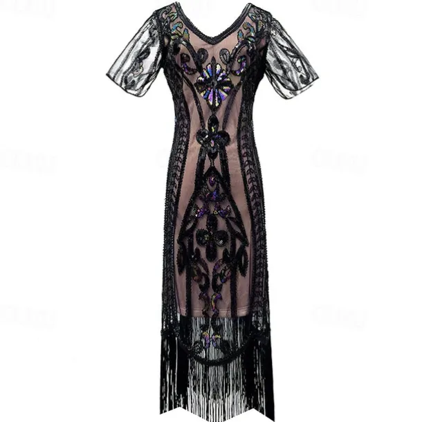 1920s Vintage Inspired The Great Gatsby Short Length Masquerade Illusion Sleeve The Great Gatsby Wedding Guest Sequins Sequin V Neck Fancy Dress Women's Carnival Masquerade Casual Daily Party