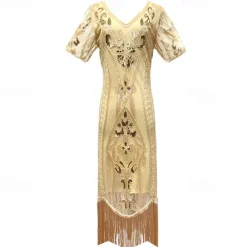 1920s Vintage Inspired The Great Gatsby Short Length Masquerade Illusion Sleeve The Great Gatsby Wedding Guest Sequins Sequin V Neck Fancy Dress Women's Carnival Masquerade Casual Daily Party