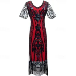 1920s Vintage Inspired The Great Gatsby Short Length Masquerade Illusion Sleeve The Great Gatsby Wedding Guest Sequins Sequin V Neck Fancy Dress Women's Carnival Masquerade Casual Daily Party