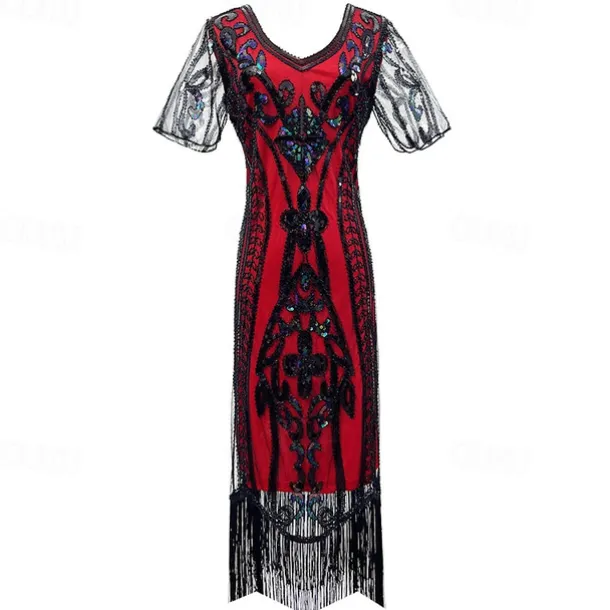 1920s Vintage Inspired The Great Gatsby Short Length Masquerade Illusion Sleeve The Great Gatsby Wedding Guest Sequins Sequin V Neck Fancy Dress Women's Carnival Masquerade Casual Daily Party