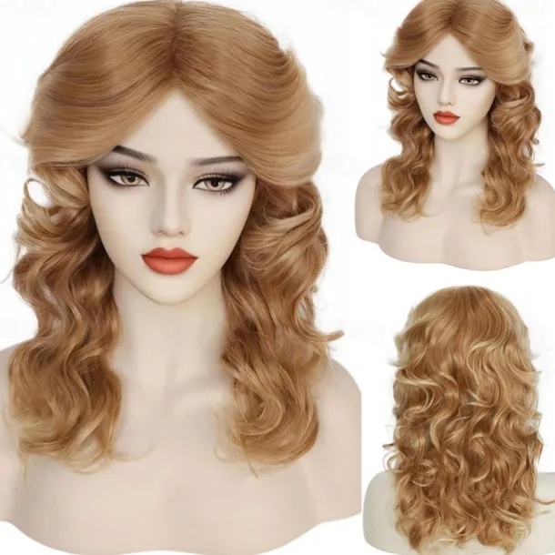80s Vintage Wig For Women Wig Cap Brown 70s Disco Wig for Women 80s Feathered Wigs with Long Curly Hair Synthetic Hair Wig Ladys Wigs for Costume Carnival Cosplay Parties Halloween Wigs