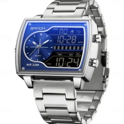 SANDA Men Digital Watch Fashion Casual Wristwatch Shock Resistant Luminous Stopwatch Alarm Clock Countdown Steel Leather Watch