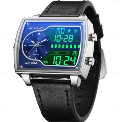 SANDA Men Digital Watch Fashion Casual Wristwatch Shock Resistant Luminous Stopwatch Alarm Clock Countdown Steel Leather Watch