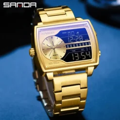 SANDA Men Digital Watch Fashion Casual Wristwatch Shock Resistant Luminous Stopwatch Alarm Clock Countdown Steel Leather Watch