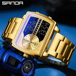 SANDA Men Digital Watch Fashion Casual Wristwatch Shock Resistant Luminous Stopwatch Alarm Clock Countdown Steel Leather Watch